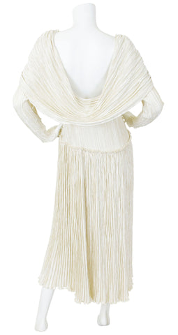 1985 Couture Cream Fortuny Pleat Cape Back Dress