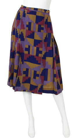 1970s Aztec Inspired Wool Crepe Pleated Skirt