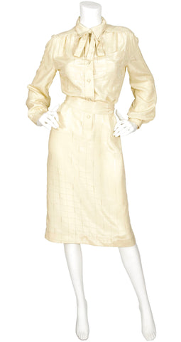 1970s Cream Monogram Print Ascot Shirt Dress