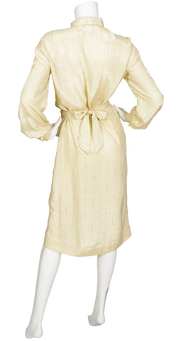1970s Cream Monogram Print Ascot Shirt Dress