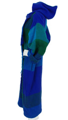 1980s Hooded Blue Plaid Wool Fringe Blanket Coat