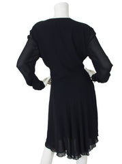 1990s Black Silk Chiffon Faux Wrap Dress