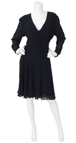 1990s Black Silk Chiffon Faux Wrap Dress