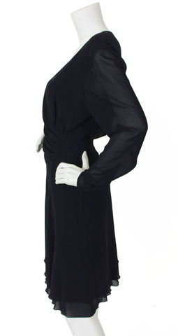 1990s Black Silk Chiffon Faux Wrap Dress