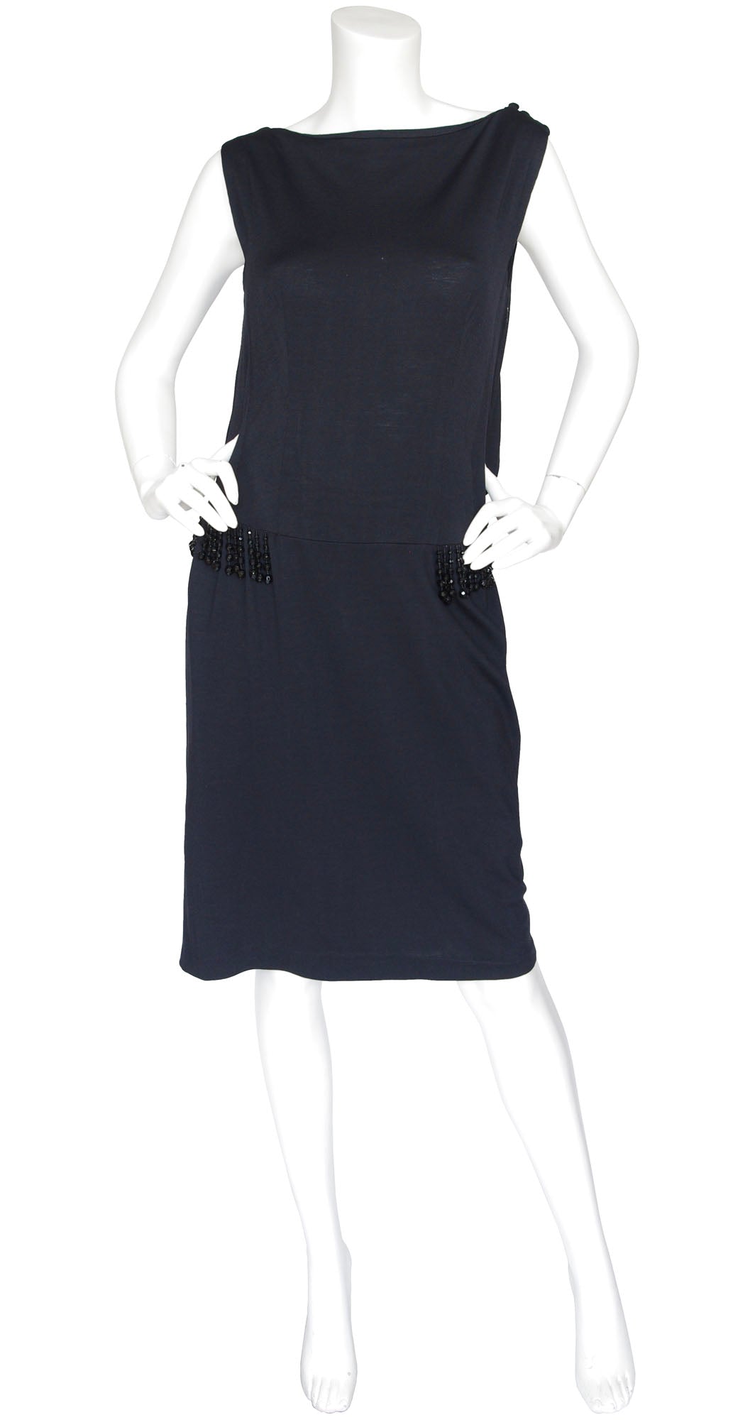 Pedro Rodriguez 1960s Black Wool Jersey Beaded Cocktail Dress Featherstone Vintage Pedro Rodriguez 1960s Black Wool Jersey Beaded Cocktail Dress Featherstone Vintage