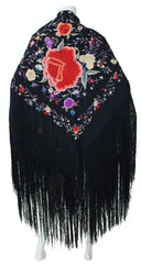 Large Floral Embroidered Black Fringe Piano Shawl