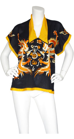 1920s Hand Embroidered Dragon Chinoiserie Silk Lounge Top