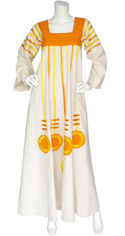 1970s Mexican Art-to-Wear Orange and Cotton Ribbon Caftan