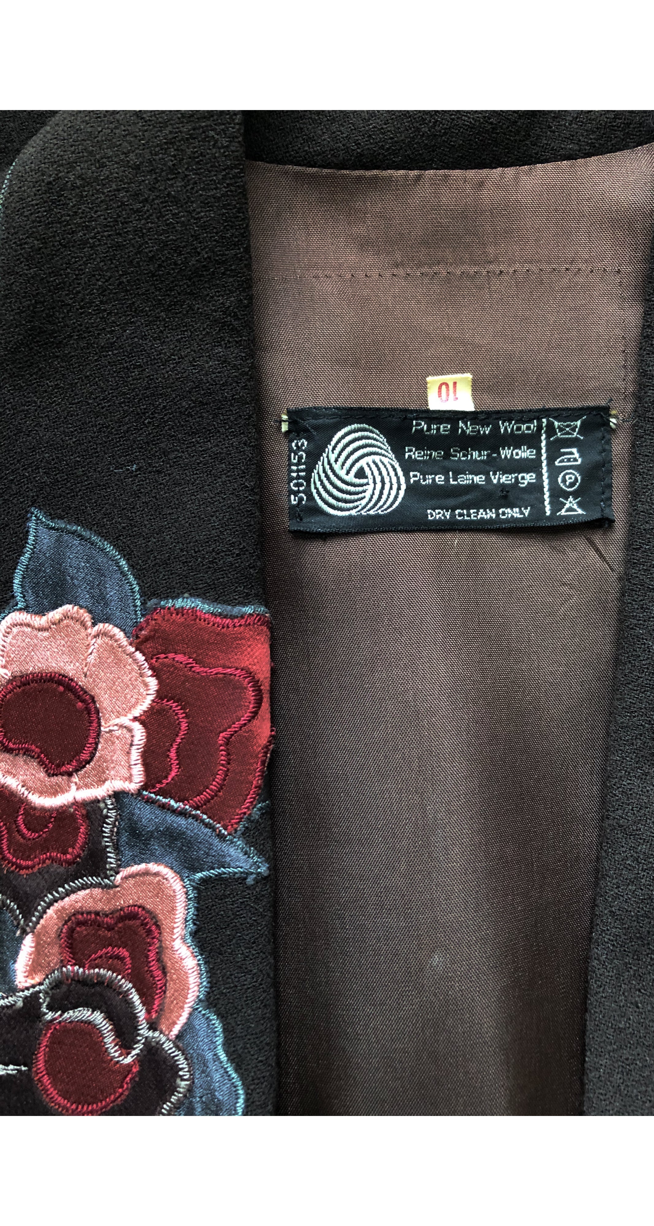 1973 Documented Floral Appliqué Brown Wool Crepe Jacket