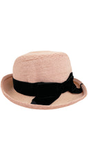 1960s Black Velvet Bow Trim Pink Straw Hat