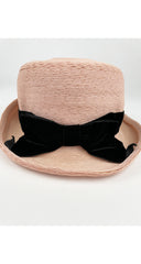 1960s Black Velvet Bow Trim Pink Straw Hat