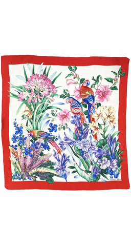 1980s Macaw Parrot Jungle Print Silk Scarf