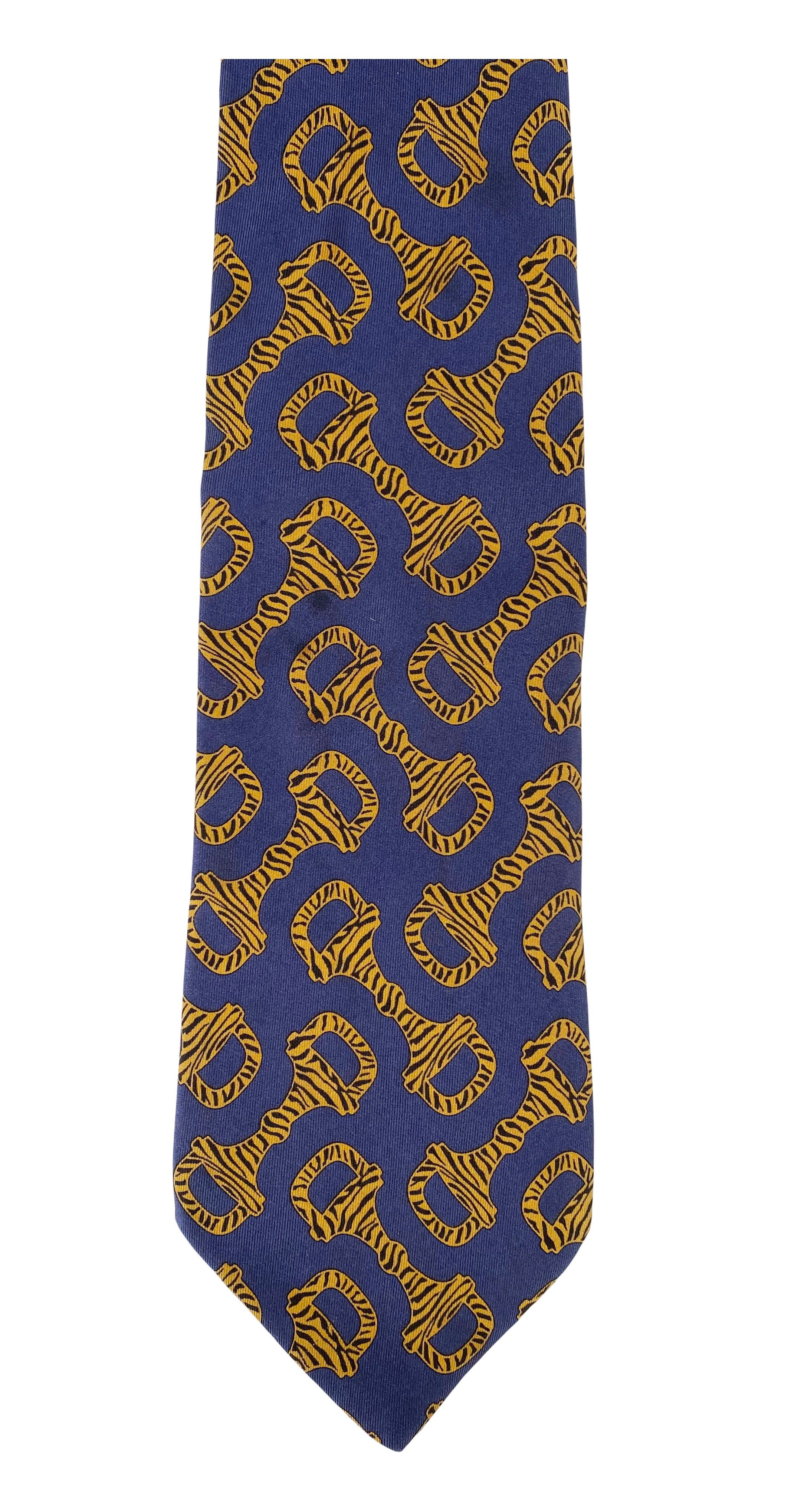 1990s Zebra Print Horsebit Blue Silk Twill Men's Tie