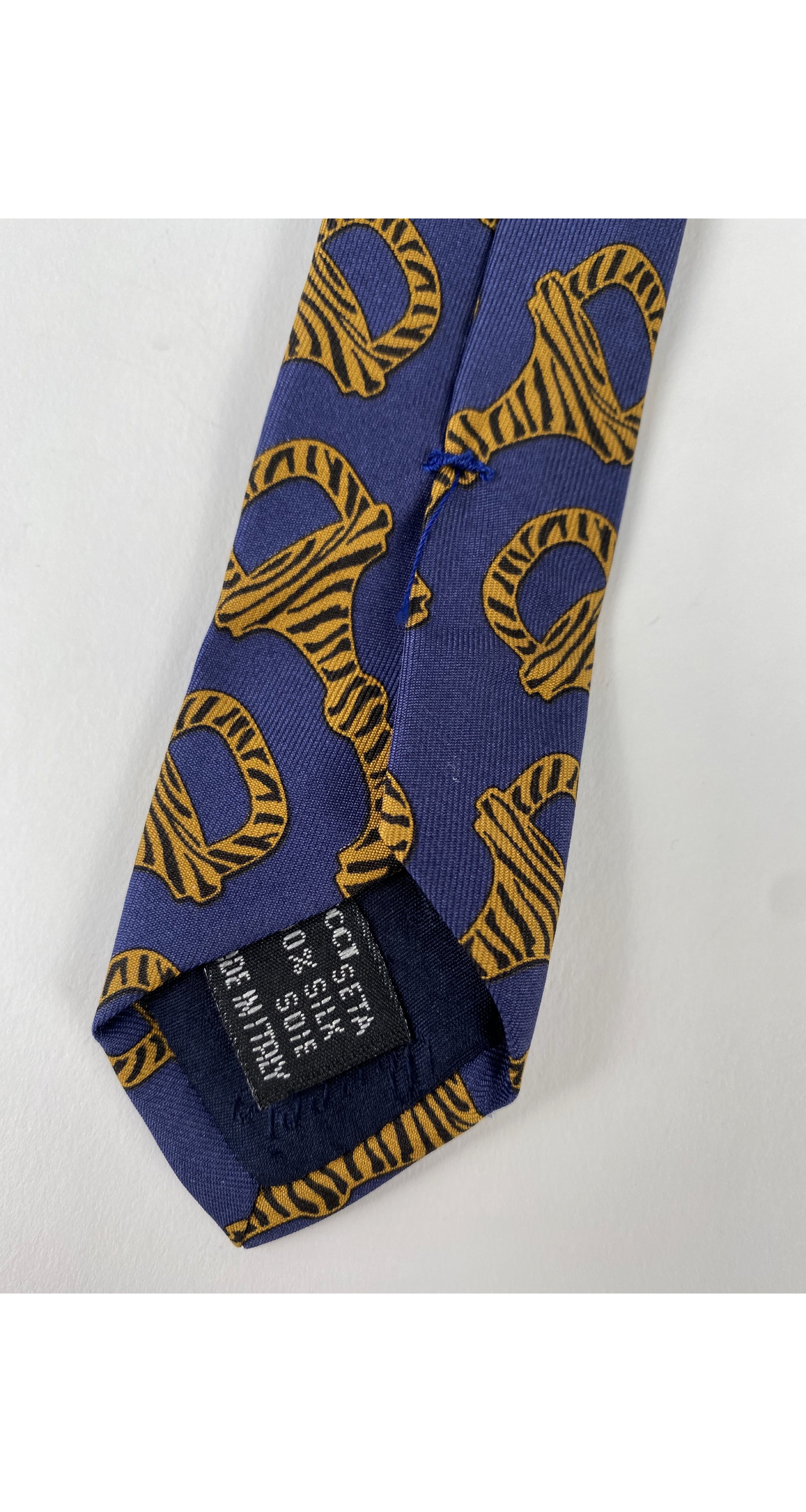 1990s Zebra Print Horsebit Blue Silk Twill Men's Tie