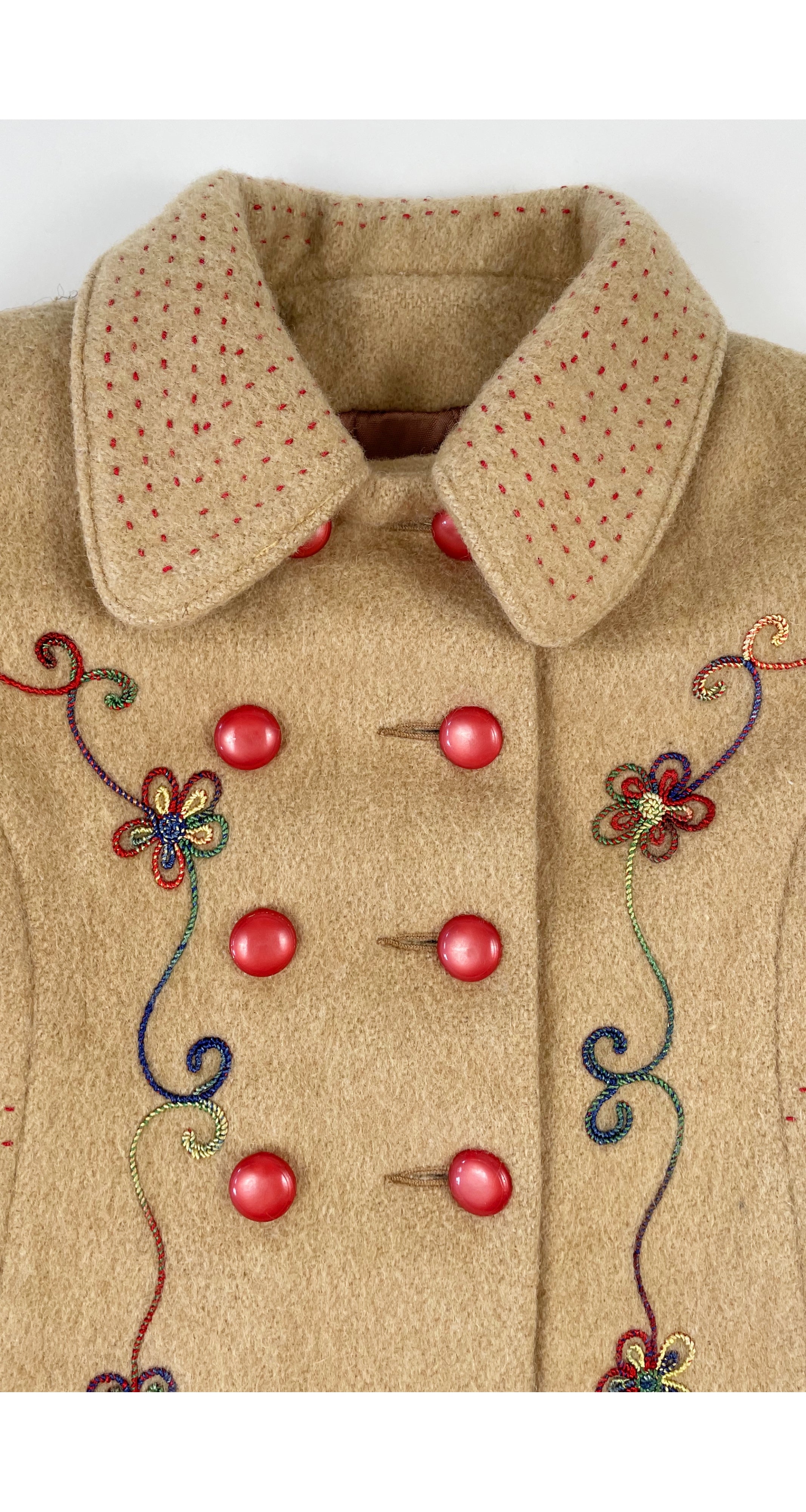 1970s Kids' Embroidered Beige Wool Double-Breasted Coat