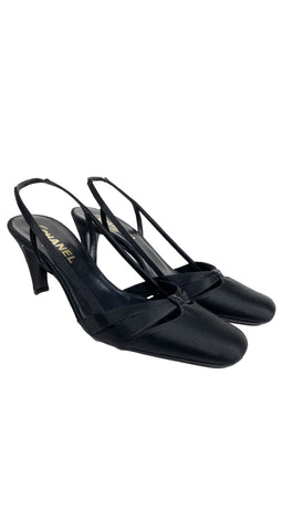 1990s Logo Black Silk Strappy Heels