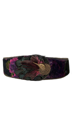 1981 Documented Hummingbird Feather Floral Velvet Belt