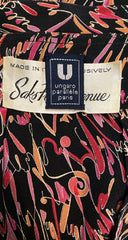 1970s Pink & Black Script Silk Puff-Shoulder Blouse