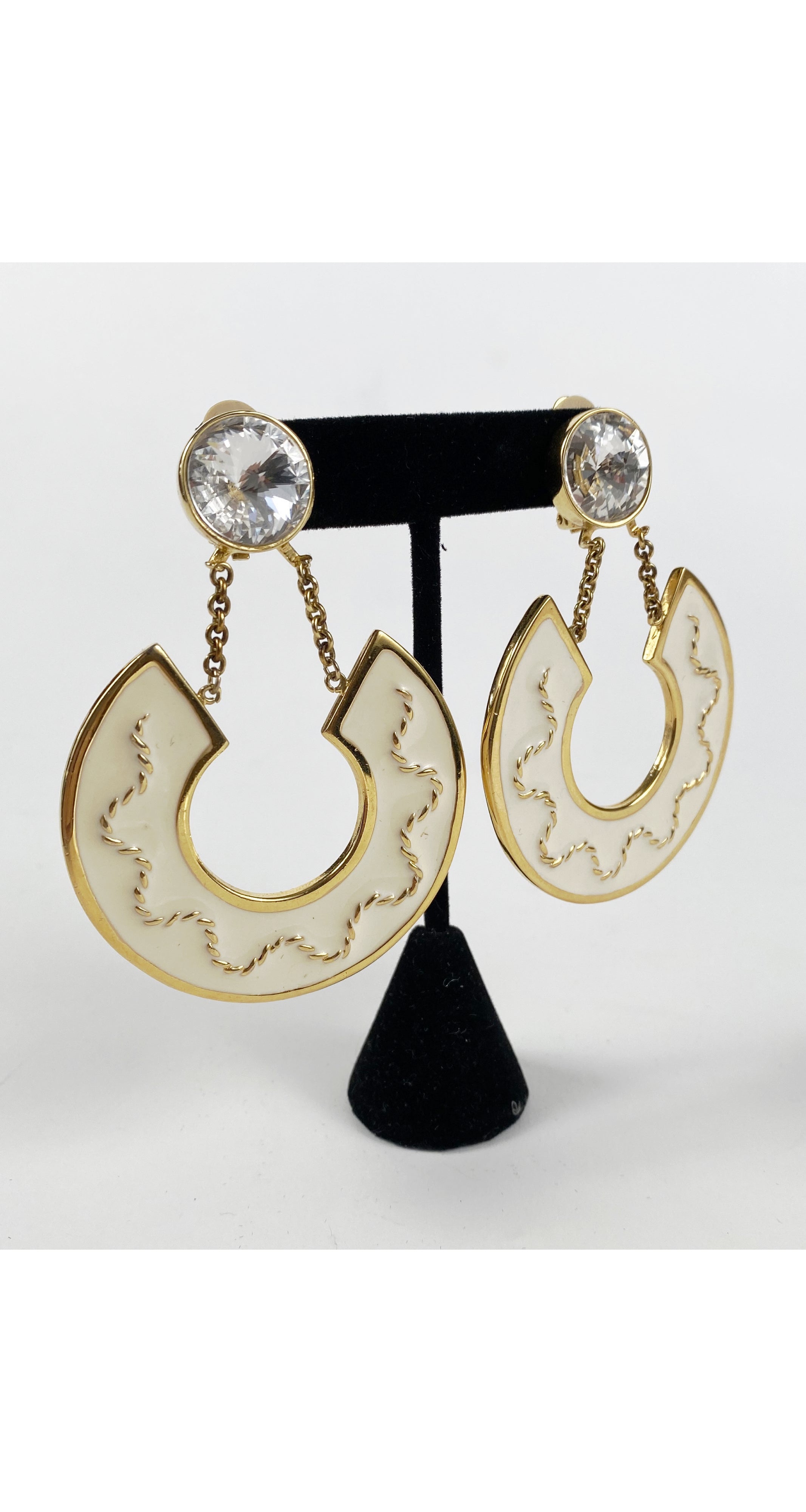 1980s Large Enamel Rhinestone Gold Clip-On Earrings