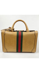 1970s Tan Leather Red & Green Stripe Travel Case
