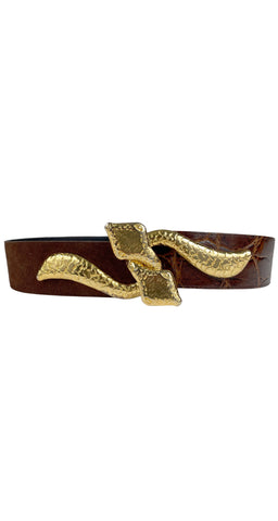 1980s Figural Snake Brown Suede & Faux Croc Belt