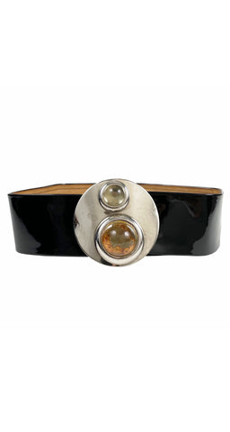 1969 Space Age Silver Buckle Black Patent Leather Belt