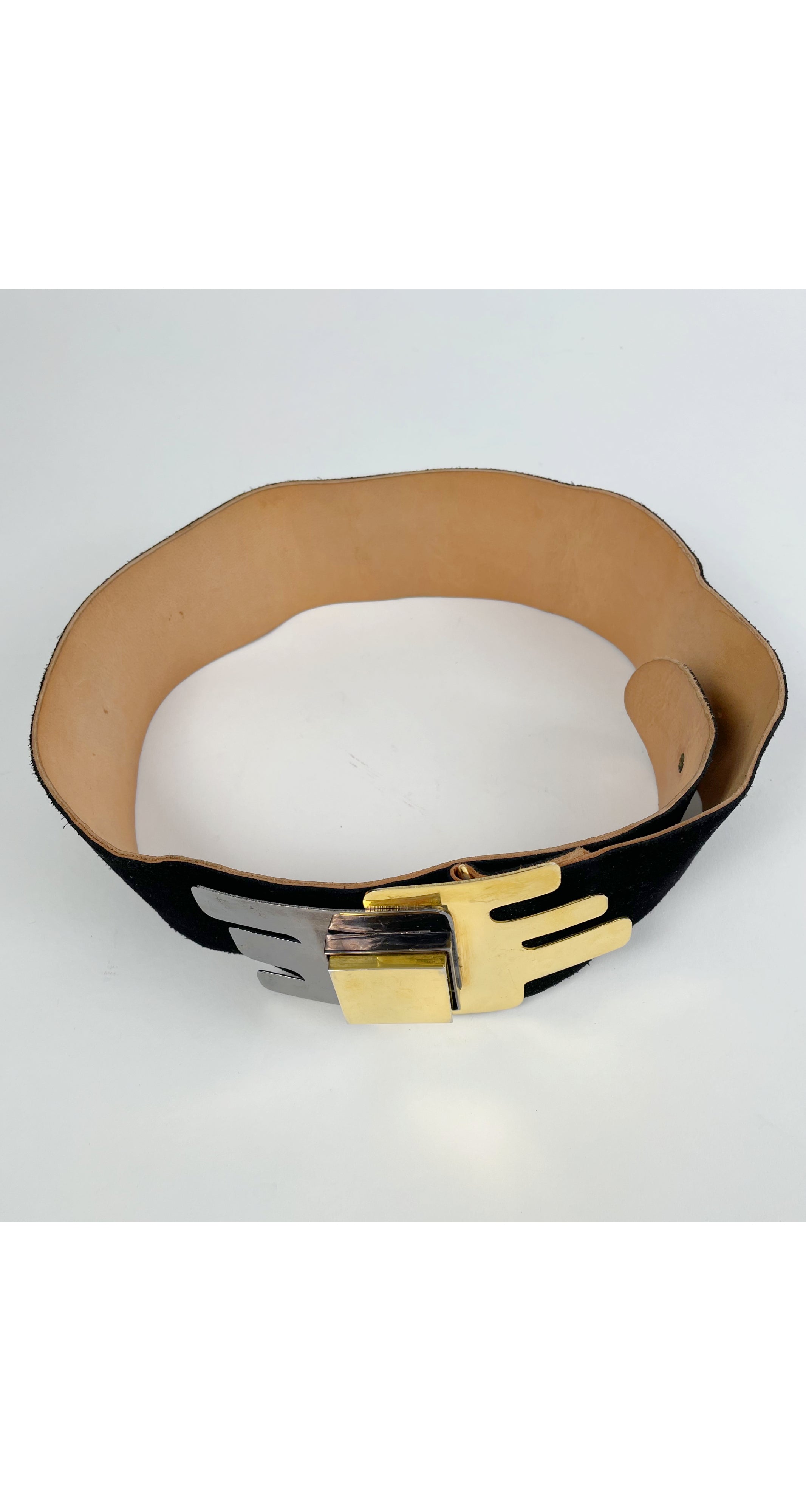1970s Modernist Gold & Silver Black Suede Belt