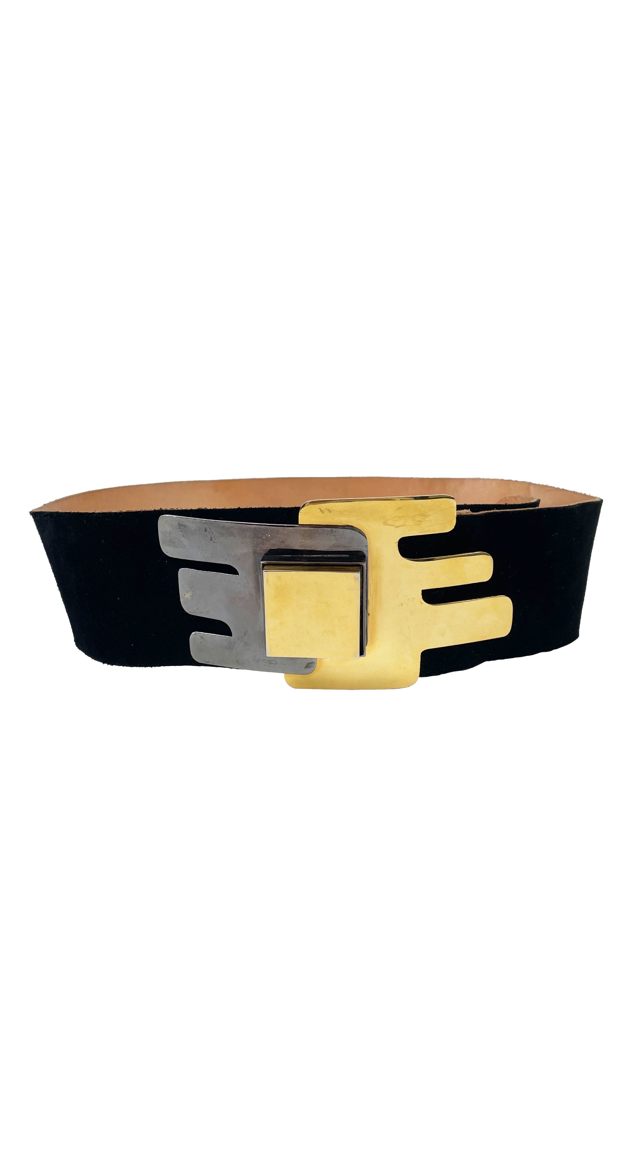 1970s Modernist Gold & Silver Black Suede Belt