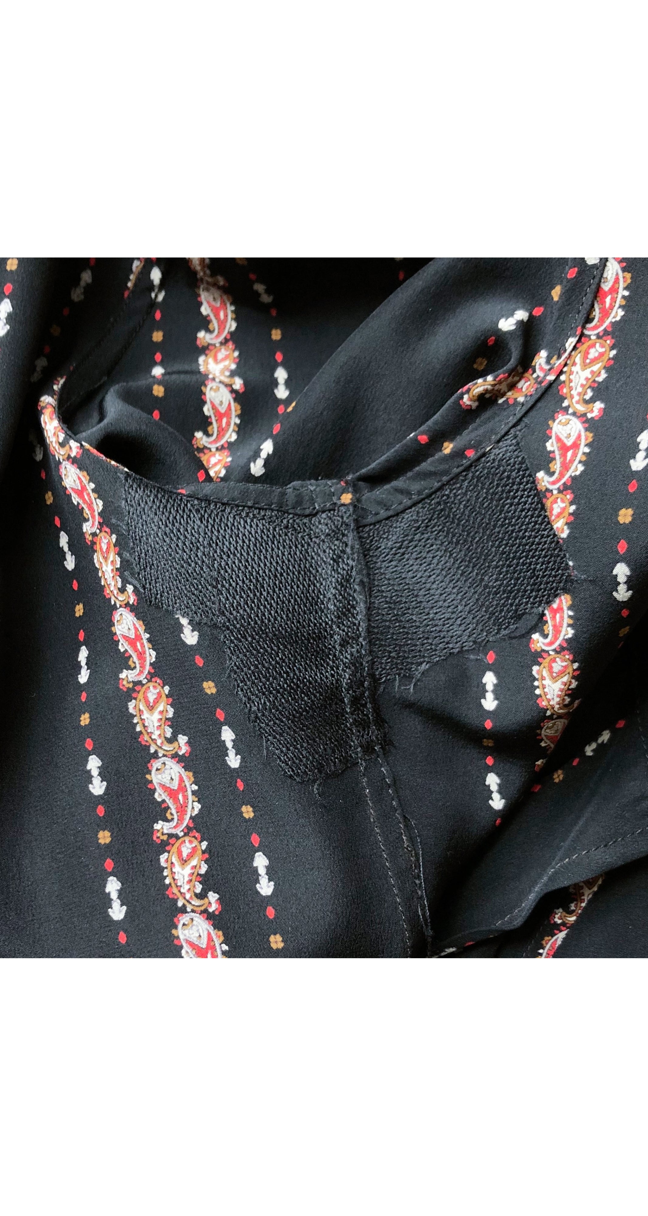1970s Paisley Print Black Silk Tie-Neck Blouse