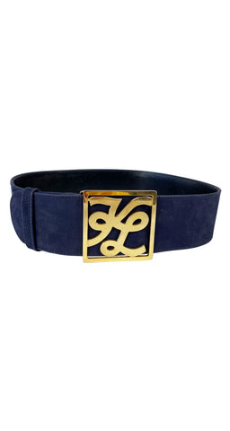 1980s Gold Monogram Buckle Navy Suede Wide Belt