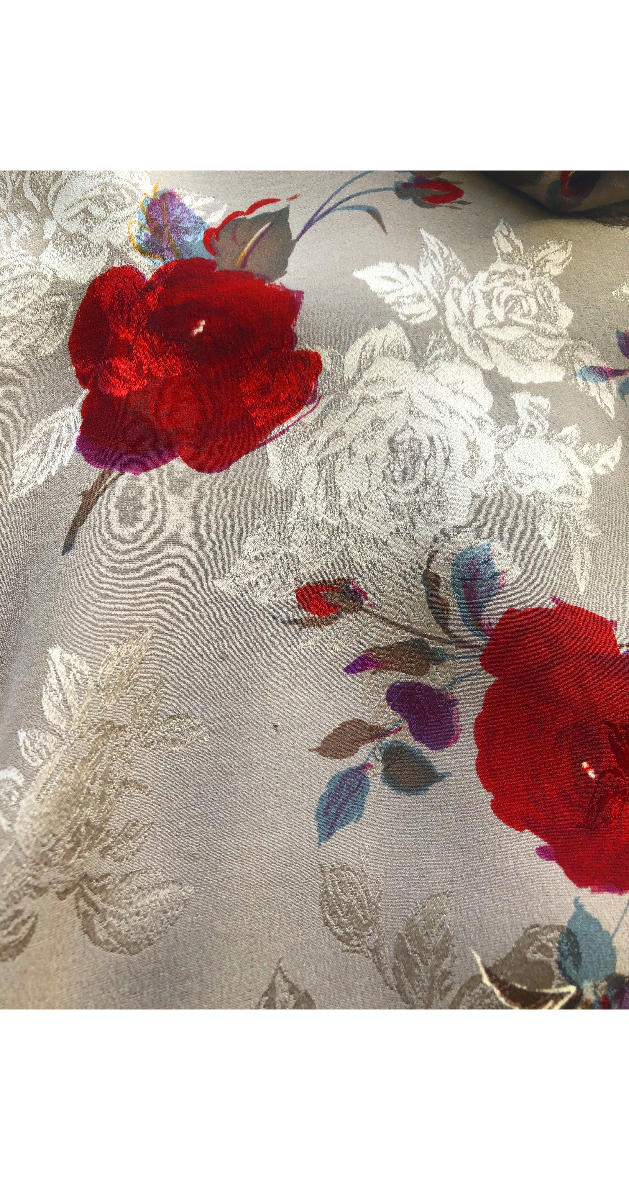 1980s Rose Print Jacquard Silk Dolman Sleeve Blouse