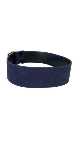 1980s Gold Monogram Buckle Navy Suede Wide Belt