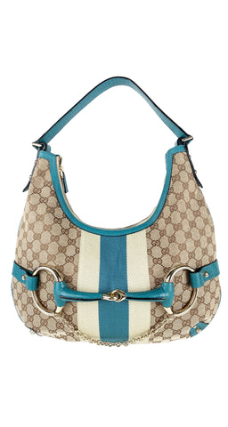 2000s Monogram Canvas & Teal Leather Horsebit Hobo Bag