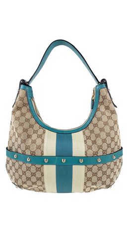 2000s Monogram Canvas & Teal Leather Horsebit Hobo Bag