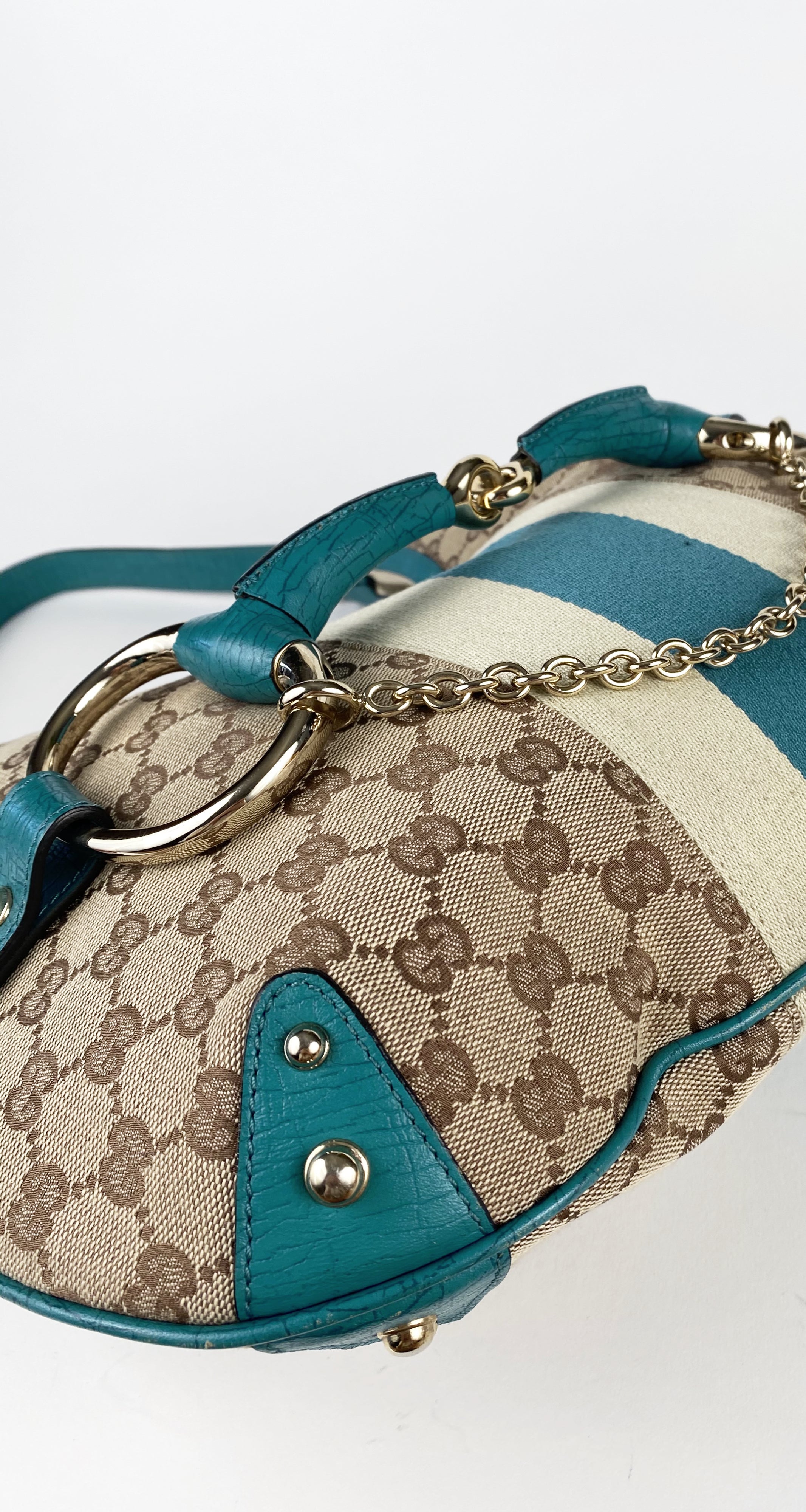 Gucci 2000s Monogram Canvas & Teal Leather Horsebit Hobo Bag