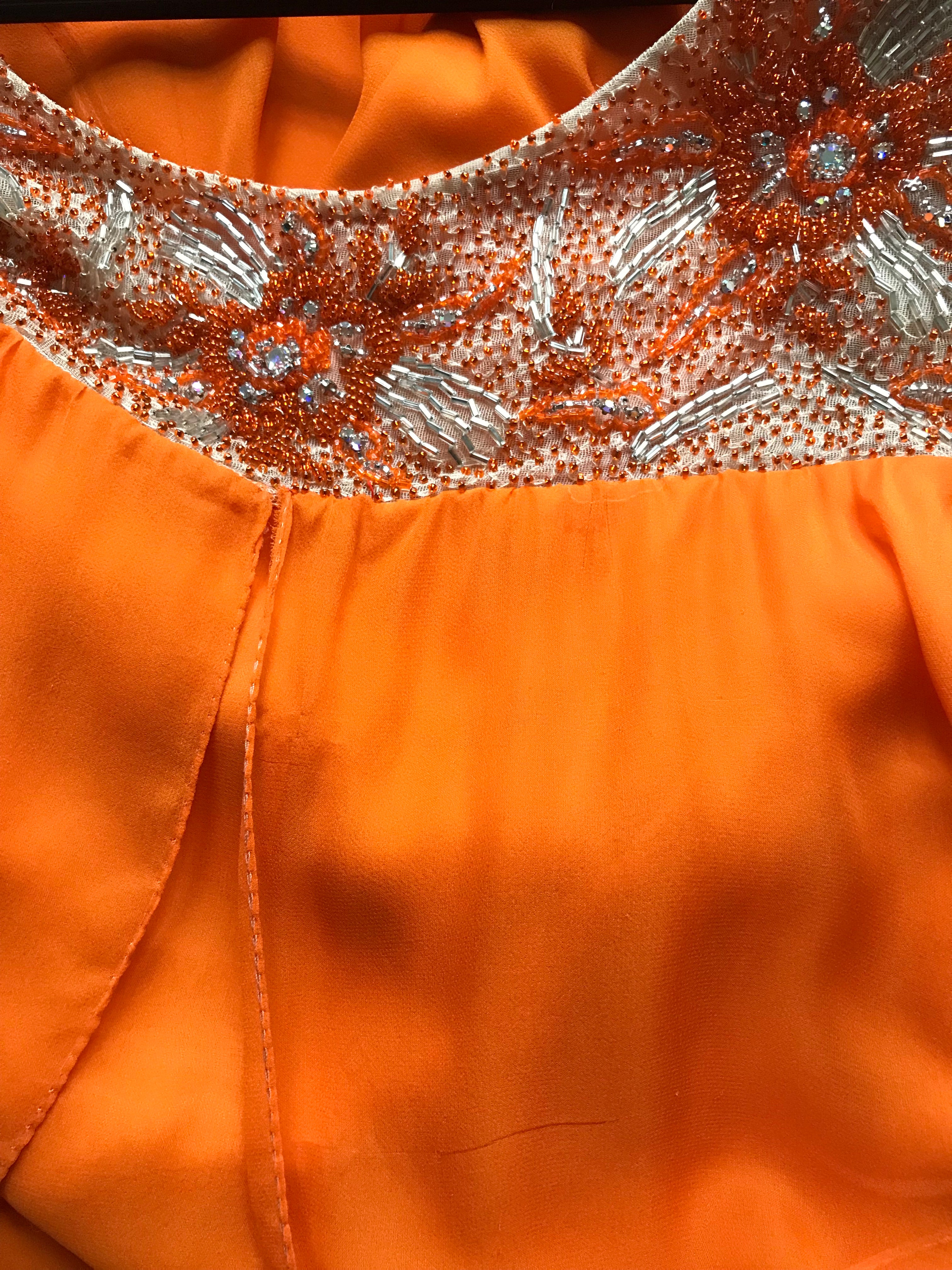 1960s Beaded Orange Silk Chiffon Gown