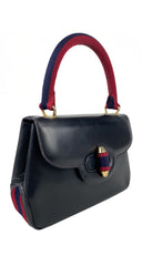 1960s Stripe Canvas Navy Leather Top-Handle Handbag