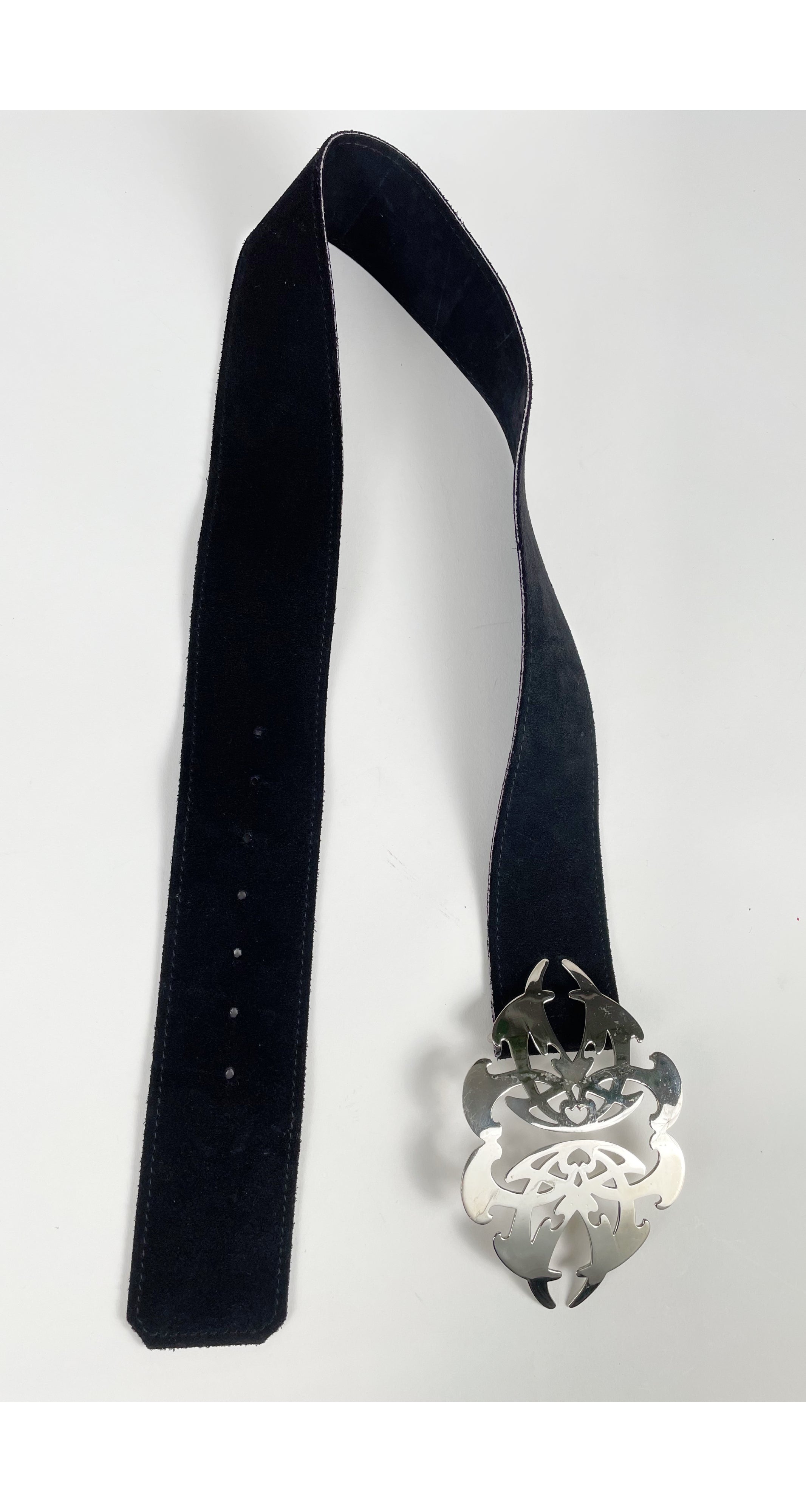 1970s Ornate Silver Buckle Black Suede Belt