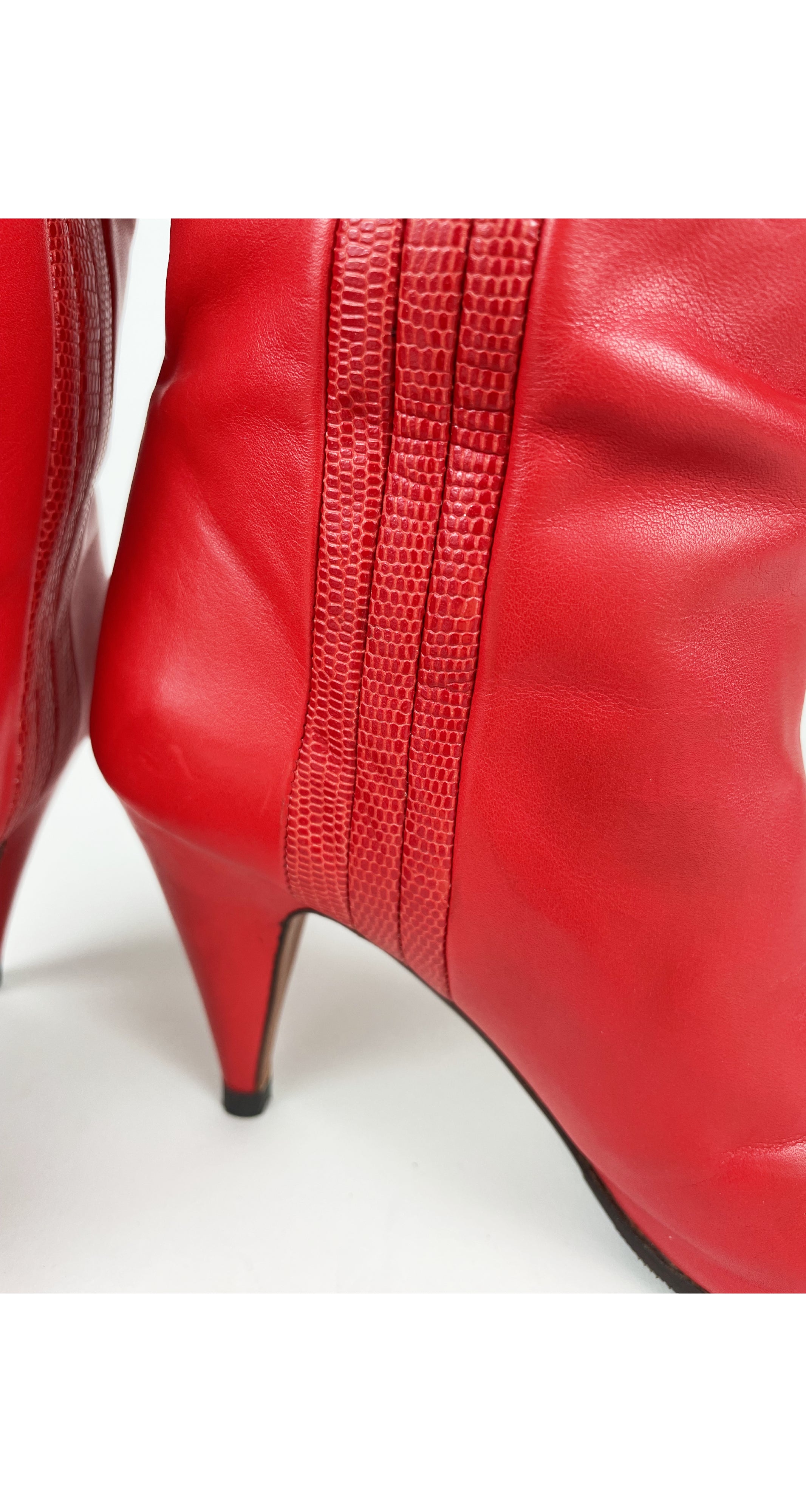 1980s Red Leather Lizard Skin High Heel Boots