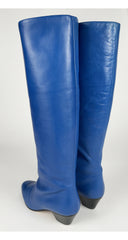 1980s Blue Leather Wood Stacked Heel Boots