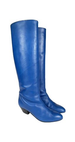 1980s Blue Leather Wood Stacked Heel Boots