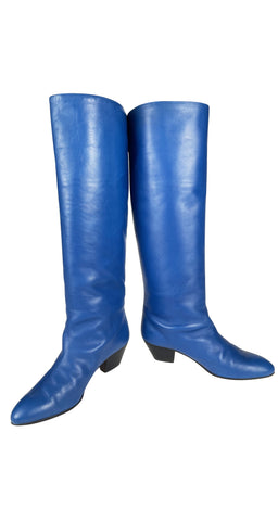 1980s Blue Leather Wood Stacked Heel Boots