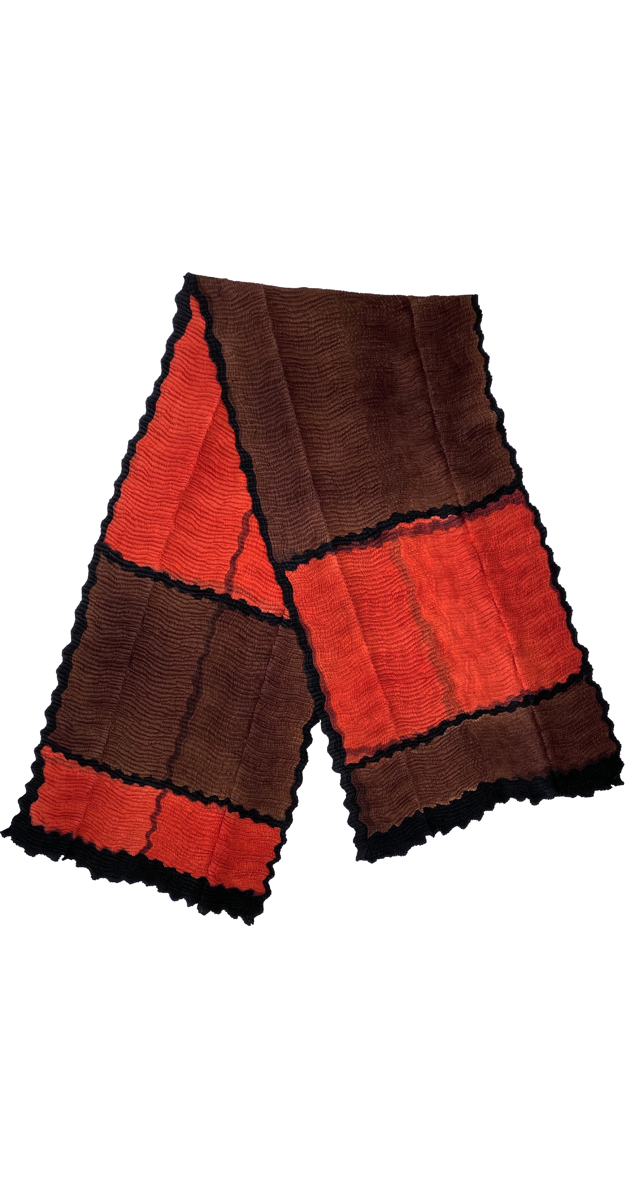 1990s 60" Orange, Brown, and Black Colorblock Pleated Scarf