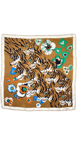 1970s Italian Tiger Floral Print Silk Twill Scarf