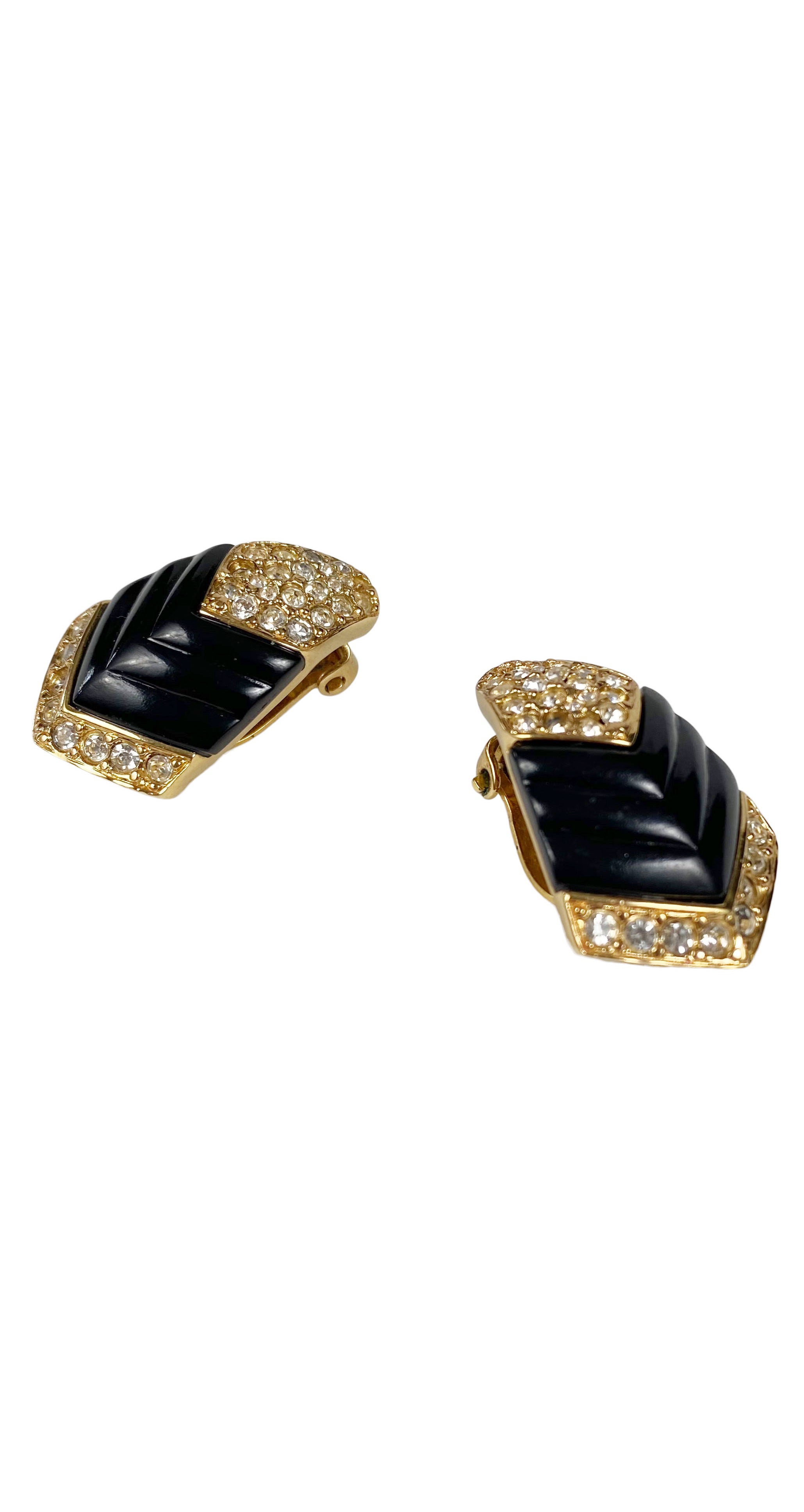 1980s Rhinestone Black & Gold Clip-On Earrings