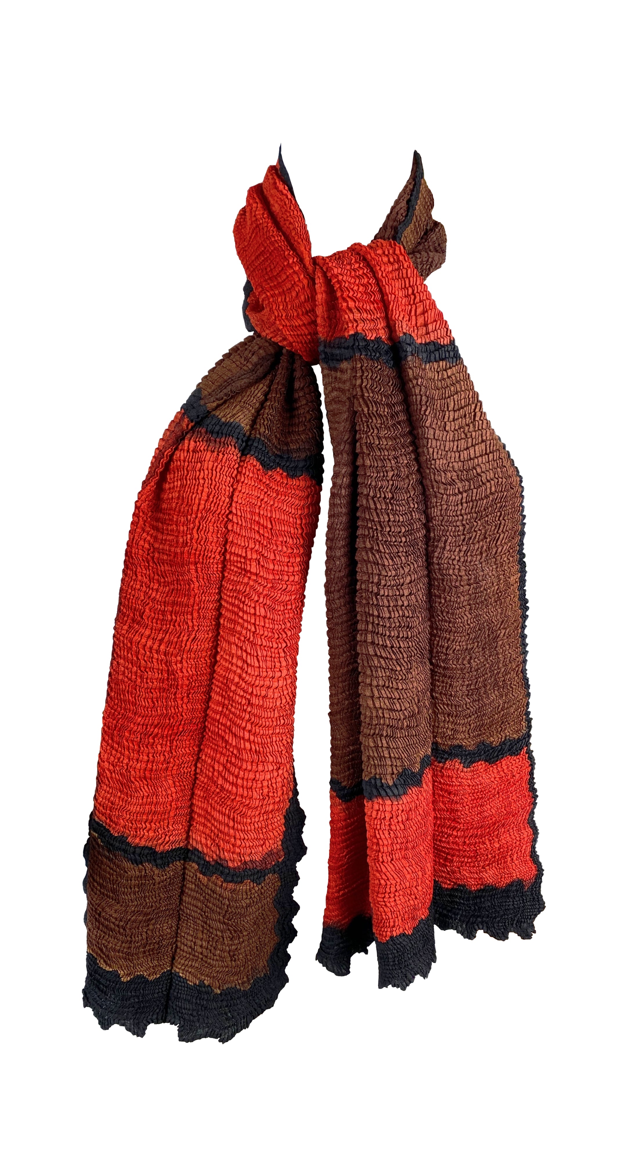1990s 60" Orange, Brown, and Black Colorblock Pleated Scarf