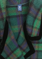 1980s Green Plaid Wool & Velvet Trim Blanket Coat