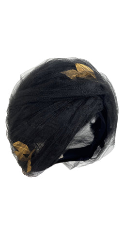 1960s Gold Leaf Black Netted Turban