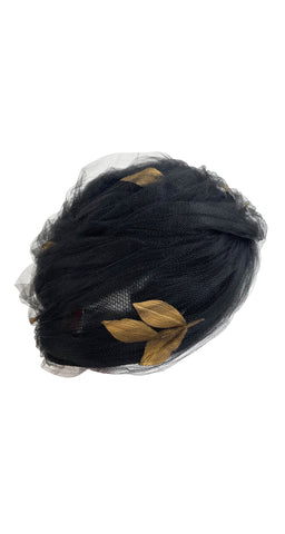 1960s Gold Leaf Black Netted Turban