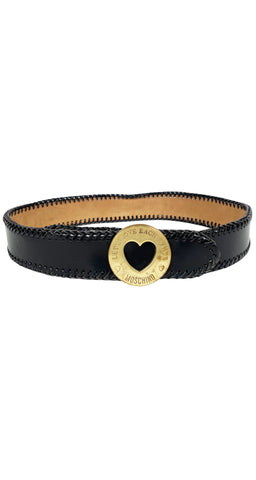 1990s "LET'S LOVE EACH OTHER" Black Whipstitch Leather Belt